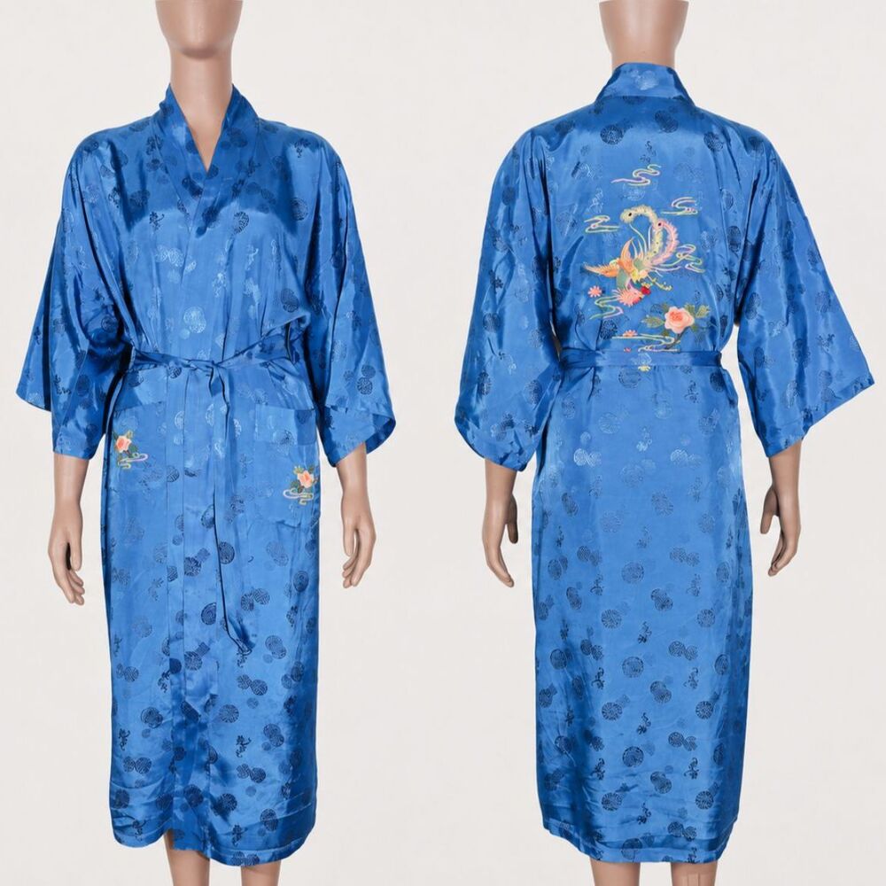 Vintage Blue Satin Kimono Robe Size Small